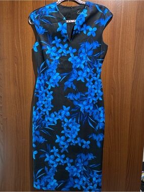Cap Sleeve Black Midi Dress with Electric Blue Floral Print